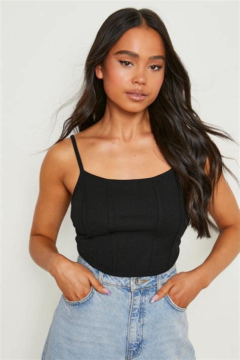 Black Petite Dipped Hem Corset Top Boohoo Uk