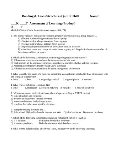 QUIZ BONDING Quiz Lewis Structures Quiz Grade 12 Chemistry Quiz WITH ANSWERS #8 | Teaching Resources