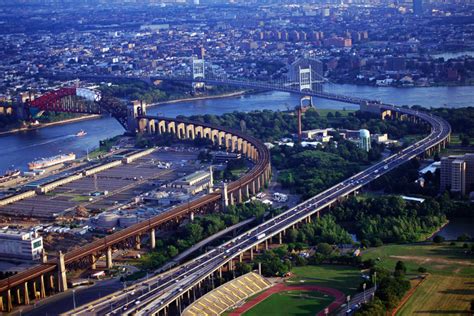 Aerial view of the Hell's Gate Bridge and the Triboro Bridge in New ...