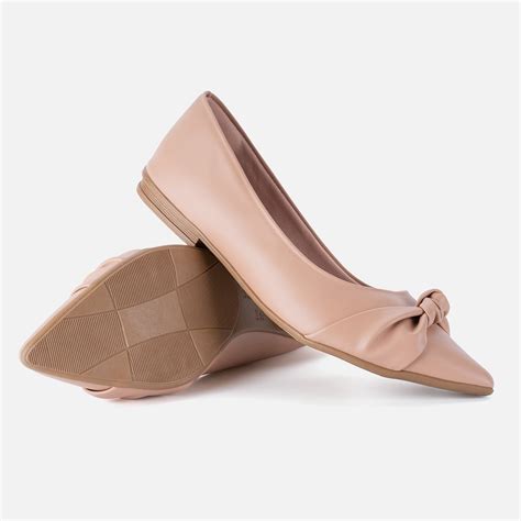 Sapatilha Feminina Bico Fino Detalhe Laço Elegante Da Moda Nude