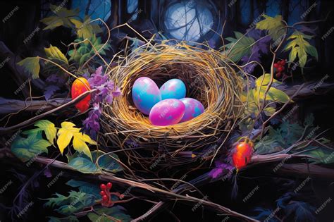 Premium AI Image | A painting of a bird nest with painted eggs neon