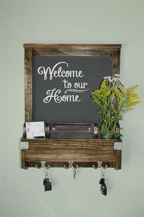 Entry Wall Organizer Chalkboard Wood Mail Phone Key Hooks Chic