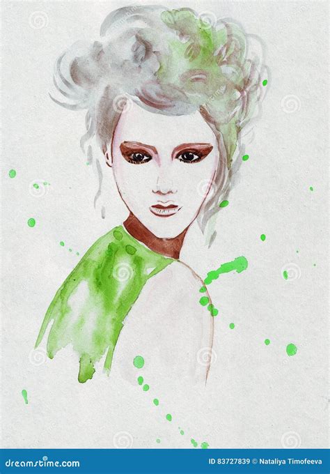 Illustration Sketching Expressive Fashion Girl Portrait Painted In Watercolor With Some Splashes