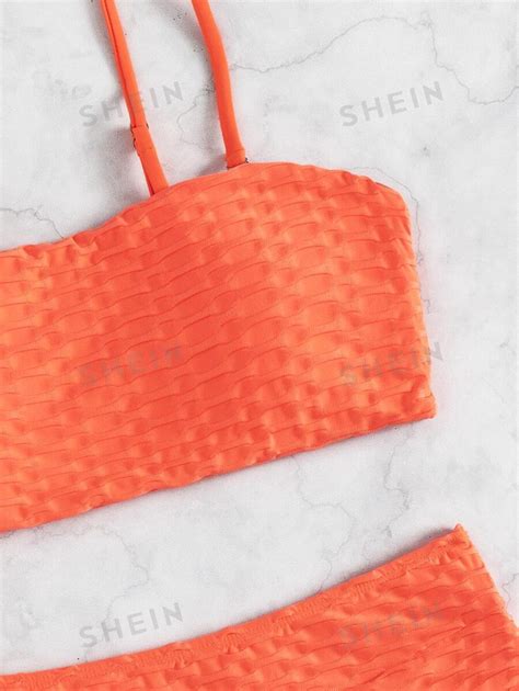 Shein Swim Vcay Neon Orange Textured High Waisted Bikini Swimsuit