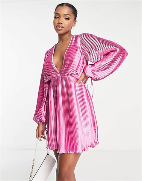 Asos Design Satin Pleat Detail Plunge Mini Dress With Blouson Sleeves In Pink Asos