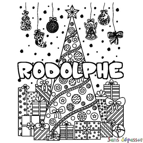 Coloriage prénom RODOLPHE décor Sapin et Cadeaux Sans Dépasser