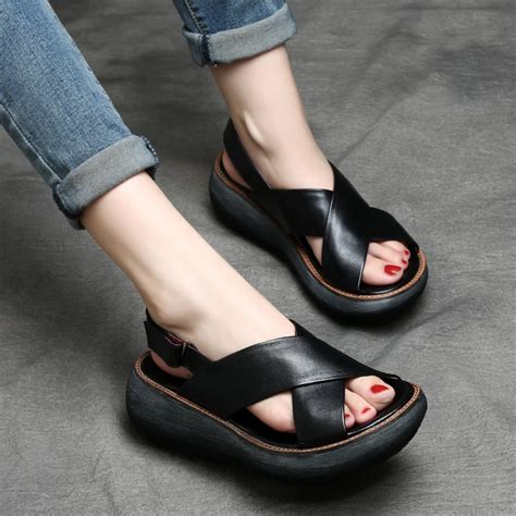 Tyawkiho Genuine Leather Women Sandals 2018 Casual Black Summer Shoes 6 ...