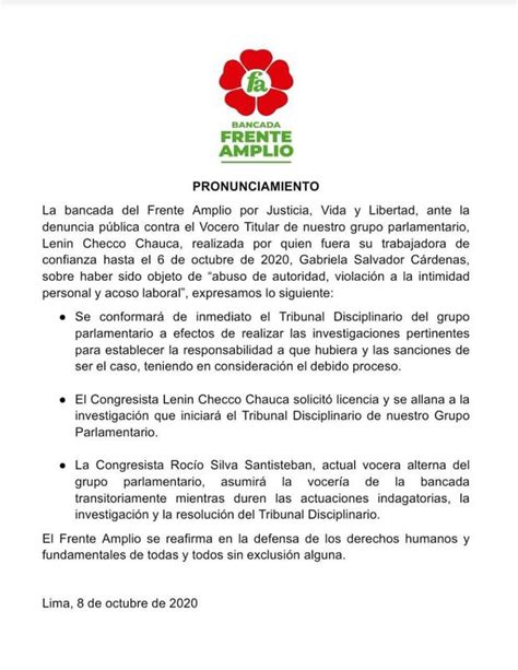 Tribunal Disciplinario De La Bancada Del Frente Amplio Innvestigará Denuncia Contra Congresista