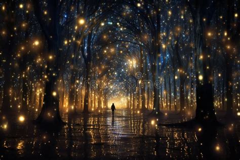 Man Walking In The Dark Forest At Night Stock Illustration