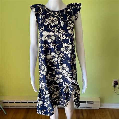 Hilo Hattie Dresses Vintage Hilo Hattie Blue Hibiscus Flower Graphic Luau Ruffle Dress Size