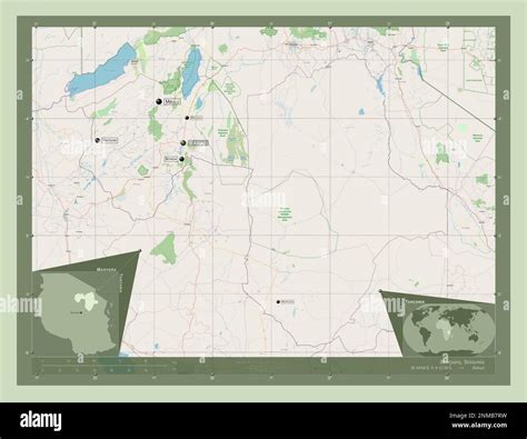 Manyara, region of Tanzania. Open Street Map. Locations and names of major cities of the region ...