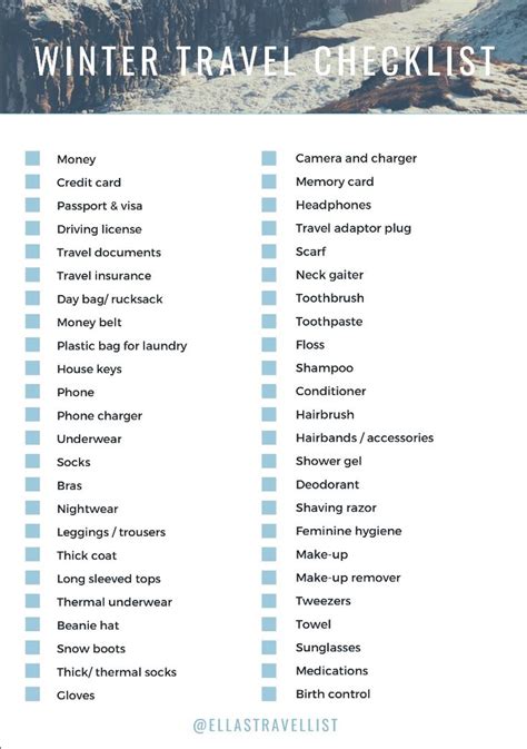 Winter Travel Packing Checklist - ella's travel list