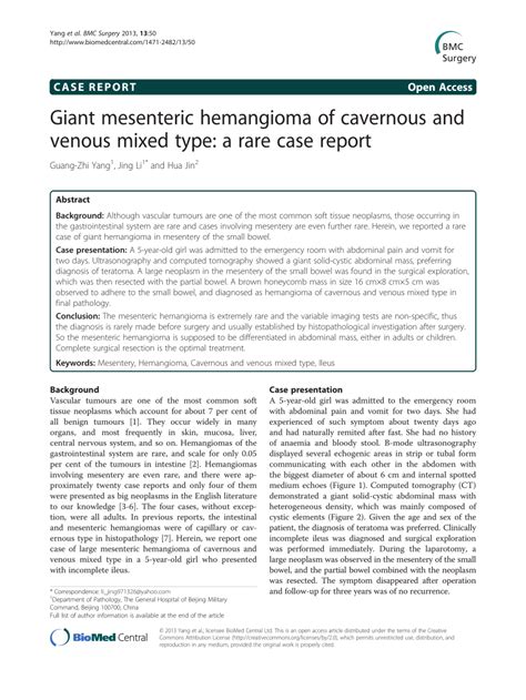 PDF Giant Mesenteric Hemangioma Of Cavernous And Venous Mixed Type A