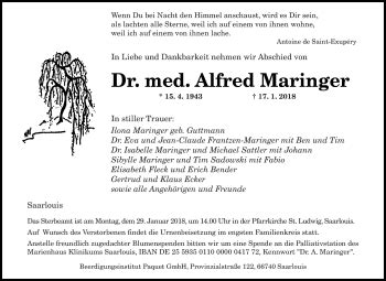 Traueranzeigen Von Alfred Maringer Saarbruecker Zeitung Trauer De