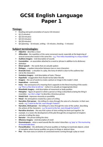 Aqa Gcse English Language Paper 1 Revision Guide Teaching Resources