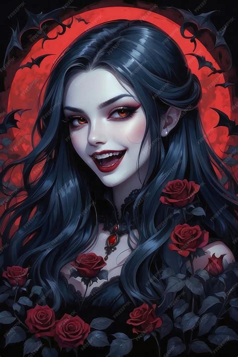 Premium Photo A Woman With Long Black Hair And Red Roses In Her Hair With Bats Flyin