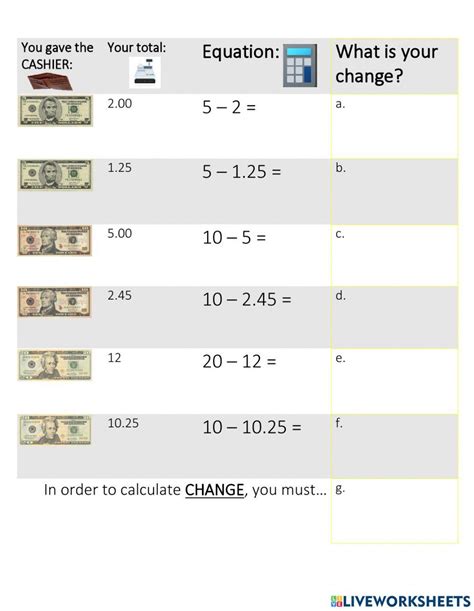 Calculating Change Worksheet Live Worksheets