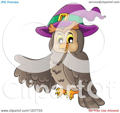 Cartoon Of A Halloween Owl Wearing A Witch Hat And Pointing Royalty