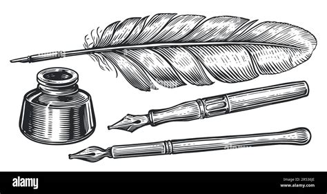 Inkwell And Feather Quill Dip Pen Hand Drawn Sketch Vector