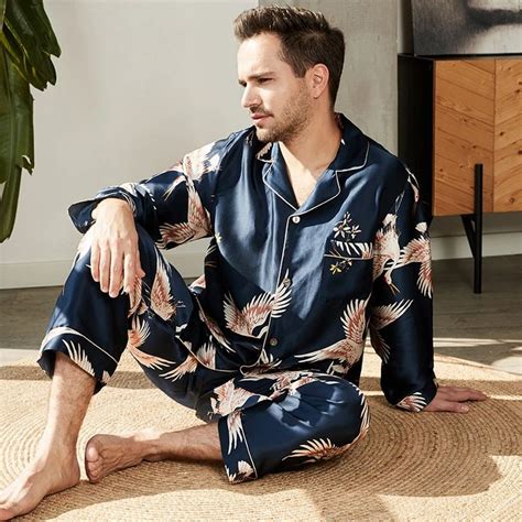 Men S Luxury Silk Pajamas Set For Men Long Sleeve Print Silk Sleepwear