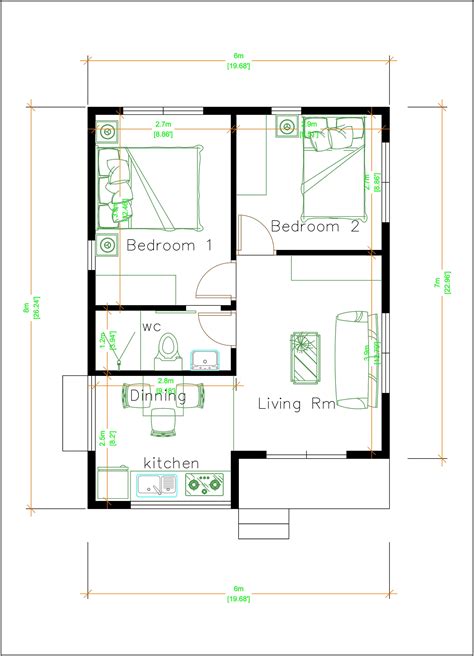 6m X 8m Tiny House Plan 2 Bedrooms Modern House Plan And Floor Plan