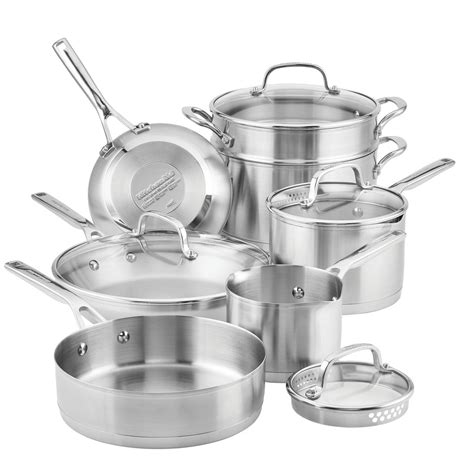 KitchenAid 3-Ply Base Stainless Steel Cookware Set, 11-Piece, Brushed ...