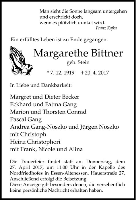 Traueranzeigen Von Margarethe Bittner Trauer In Nrw De