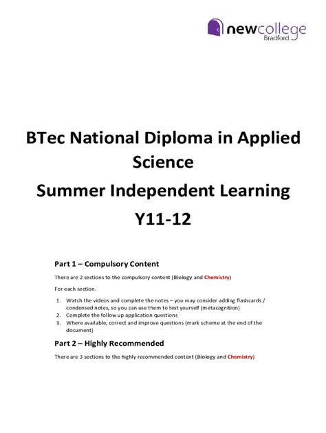 Fillable Online Pearson Btec Level 3 National Diploma In Applied