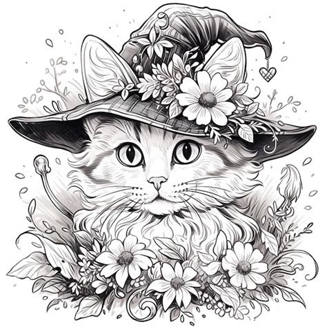 Premium Photo | A black and white drawing of a cat wearing a witch hat generative ai