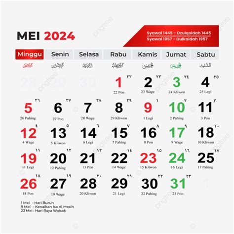 Vektor Kalender Mei 2024 Lengkap Dengan Tanggal Merah Hari Libur