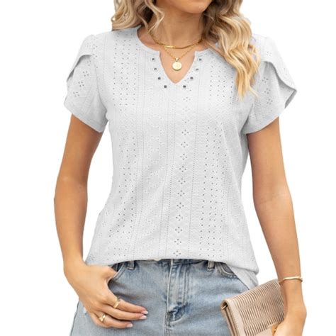 Women V Neck Button Hollow Loose Short Sleeve T Shirt Blouse Size S