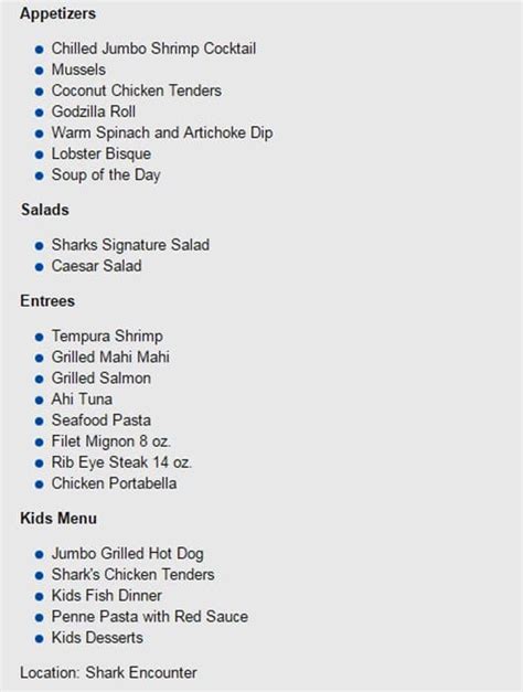 Sharks Underwater Grill & Bar Menu - Urbanspoon/Zomato