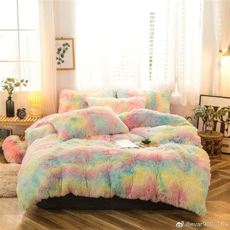 Rainbow Plush Shaggy Duvet Cover Set Faux Fur Fluffy 3pcs Queen Size