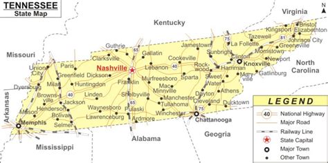 State Map Of Tennessee Showing Cities Printable Map