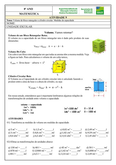 Atividade 9 8o Ano MAT Volume De Bloco Retangular E Cilindro Circular