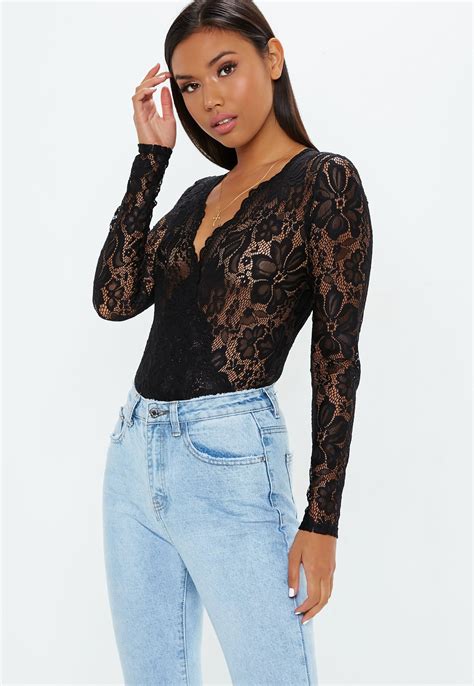 Black Sheer Lace Deep Plunge Wrap Over Bodysuit Black Lace Bodysuit