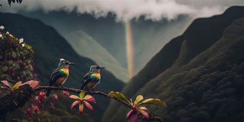 Premium Photo Two Hummingbirds Sitting On A Branch In The Mountains