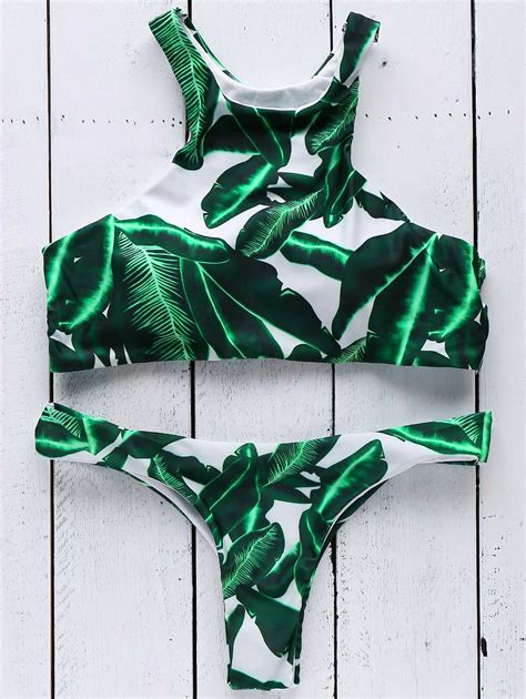 Leaves Print Round Neck Bikini Set Green Leaf Print Bikini Printed