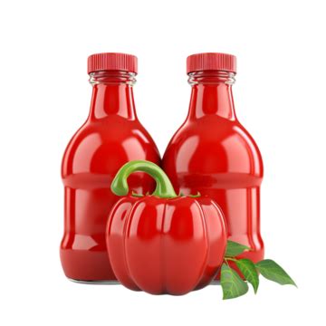 Close Up One Glass Bottle Of Ketchup Sauce Fresh Tomatoes And Bell