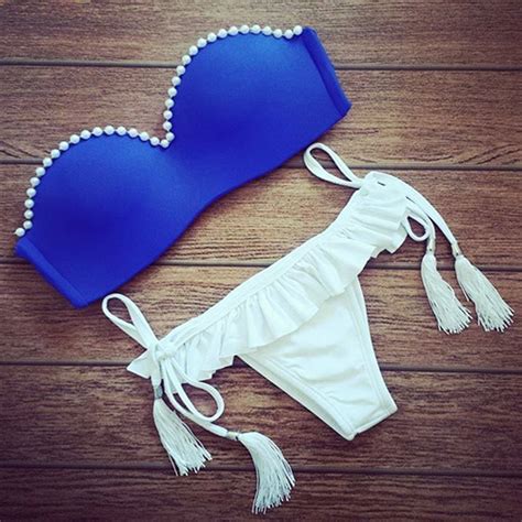 Sexy Pearls Tassels Lace Up Bandeau Bikini Set