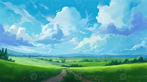 Anime-style artwork of serene pastoral scenes. Fields, clouds, and dirt ...