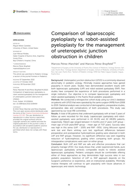 Pdf Comparison Of Laparoscopic Pyeloplasty Vs Robot Assisted