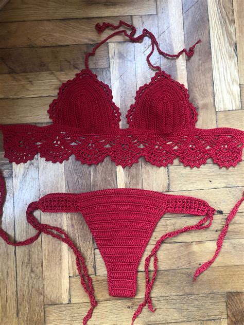 Crochet Bikini Set Sexy Set Knitted Swimsuit Brazilian Bottom Handmade Boho Style Halter Bikini