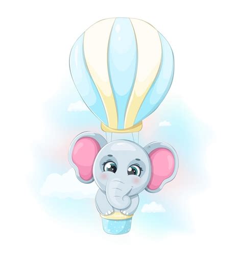 Elefante de dibujos animados volando en un globo aerostático en el