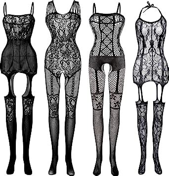 FEPITO 4 Ensemble Femmes Bas Lingerie Dentelle Résille Bodys pour