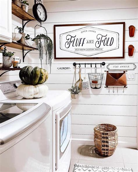 White Shiplap Laundry Room With Round Woven Basket Soul Lane