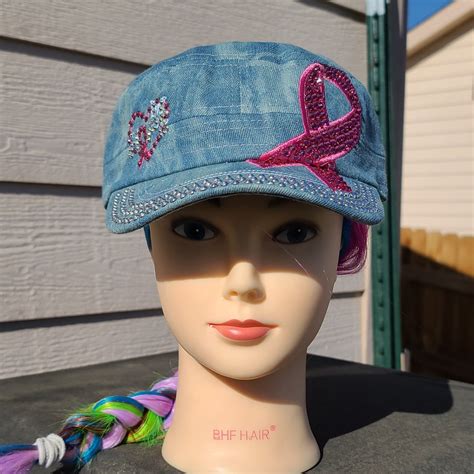 Ladies Light Blue Denim Pink Ribbon Bling Hat By Rocknrollcowgirlllc On