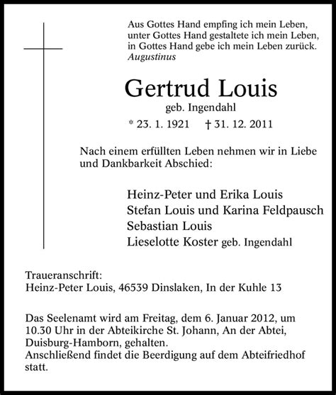 Traueranzeigen Von Gertrud Louis Trauer In Nrw De