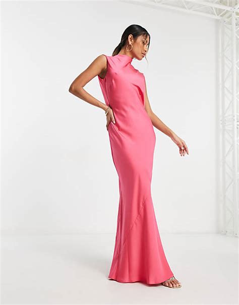 Asos Design Satin Cowl Back Maxi Dress With High Neck In Hot Pink Asos