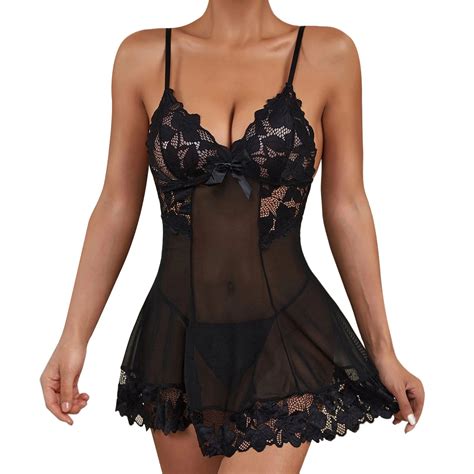 EHQJNJ Lingerie Two Piece Set Womens Lace Mesh Sling Dress Nightdress